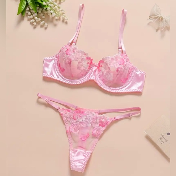 Gigi Angelic Pink Floral Embroidered Sheer Bow Bra + Panty Thong Lingerie Set - Picture 1 of 7